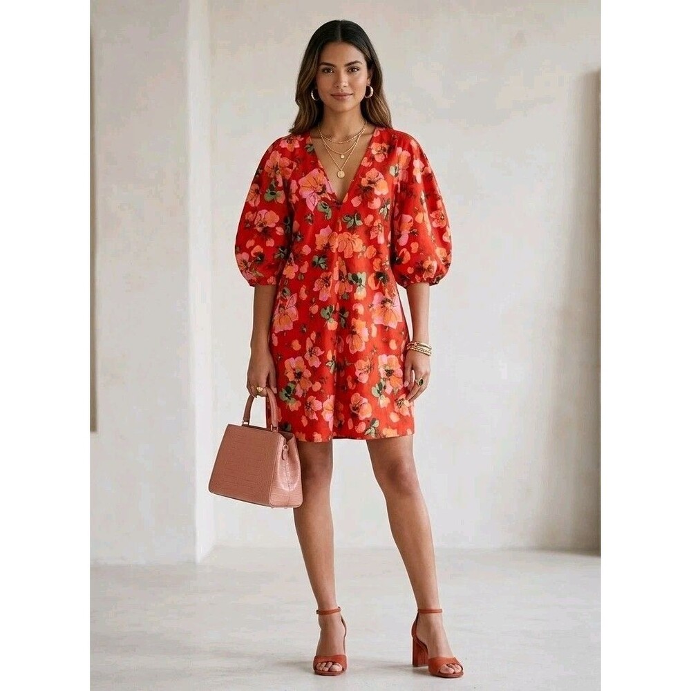 H&M Floral V-Neck Mini Dress Large Red Orange Pink Puff Sleeve Cotton Blend